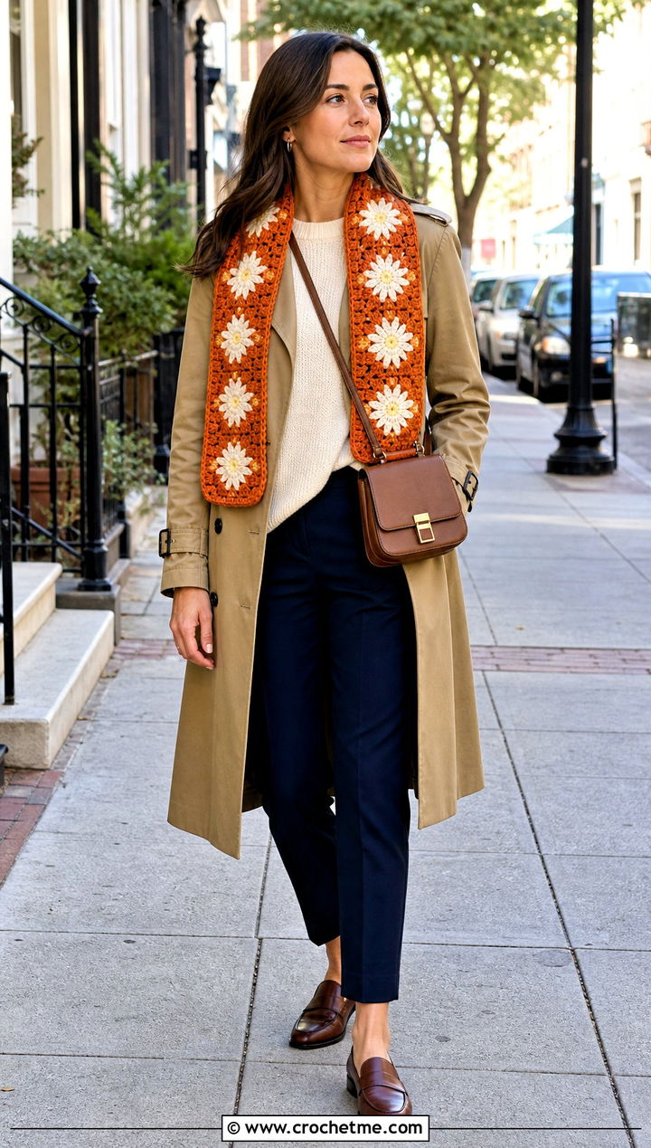 Daisy Granny Square Scarf With Trench Coat And Loafers - 35 Granny Square Outfit ideas