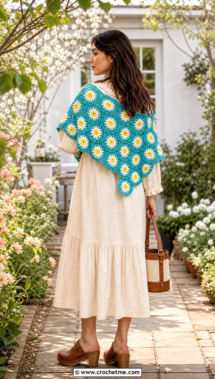 Daisy Granny Square Shawl With Prairie Dress And Clogs - 35 granny square shawl outfit ideas
