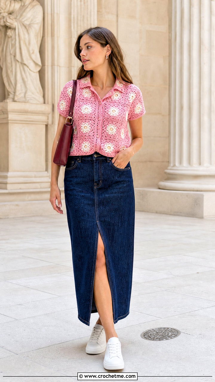 Daisy Granny Square Shirt With Denim Maxi Skirt - 35 granny square shirt outfit ideas