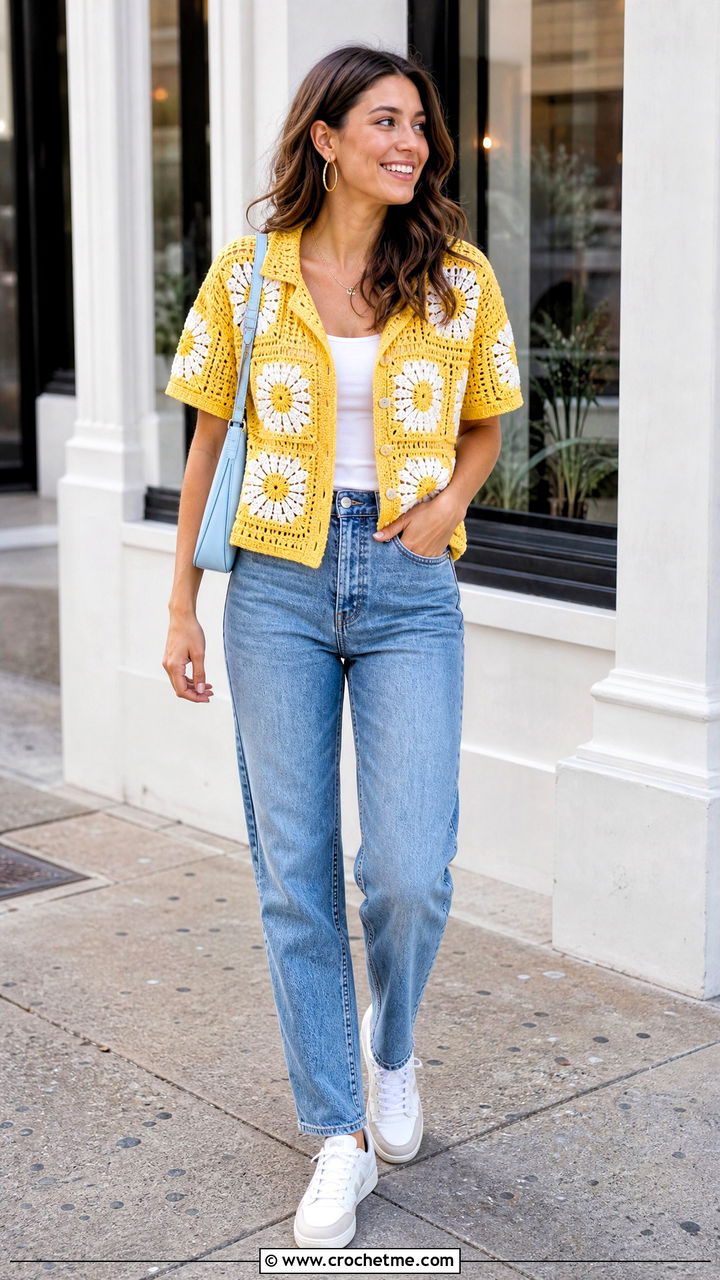 Daisy Granny Square Shirt With Straight Leg Jeans - 35 Crochet Flower Shirt outfit ideas