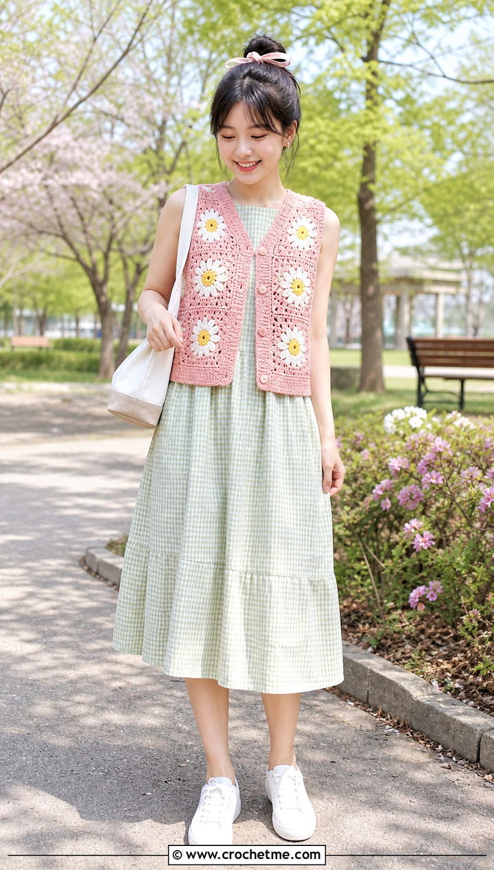 Daisy Granny Square Sleeveless Cardigan With Gingham Dress - 30 granny square sleeveless cardigan outfit ideas