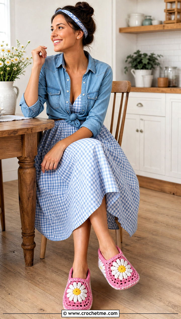 Daisy Granny Square Slippers With a House Dress - 20 Easy Granny Square Crochet Slippers outfit ideas