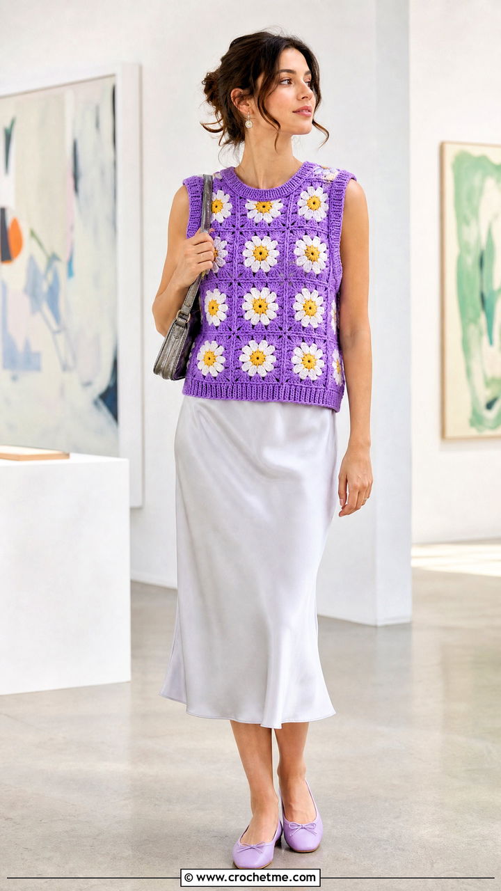 Daisy Granny Square Sweater Vest With Slip Dress - 35 granny square sweater vest outfit ideas