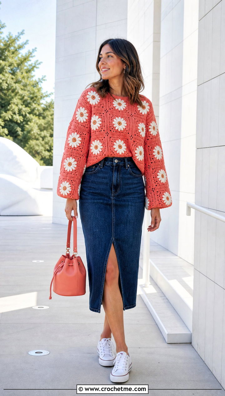 Daisy Granny Square Sweater With Denim Midi Skirt - 30 easy granny square sweater outfit ideas