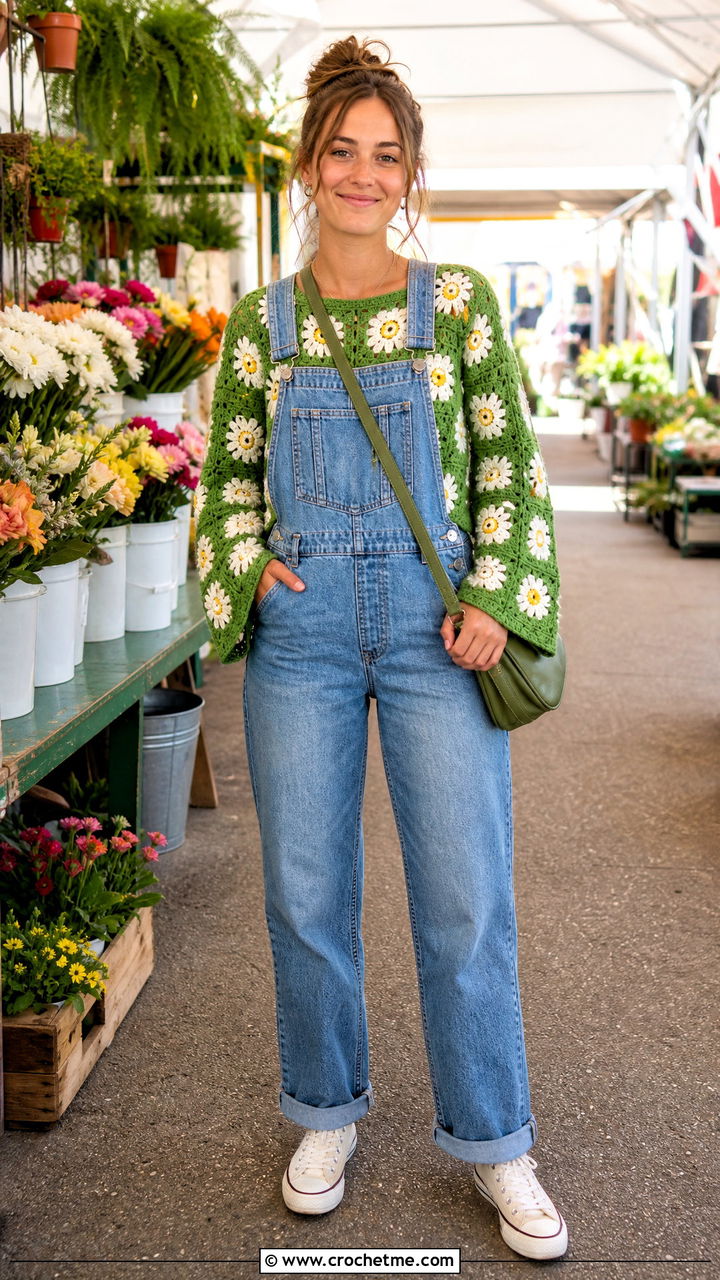 Daisy Granny Square Sweater With Denim Overalls - 35 4 Granny Square Sweater outfit ideas