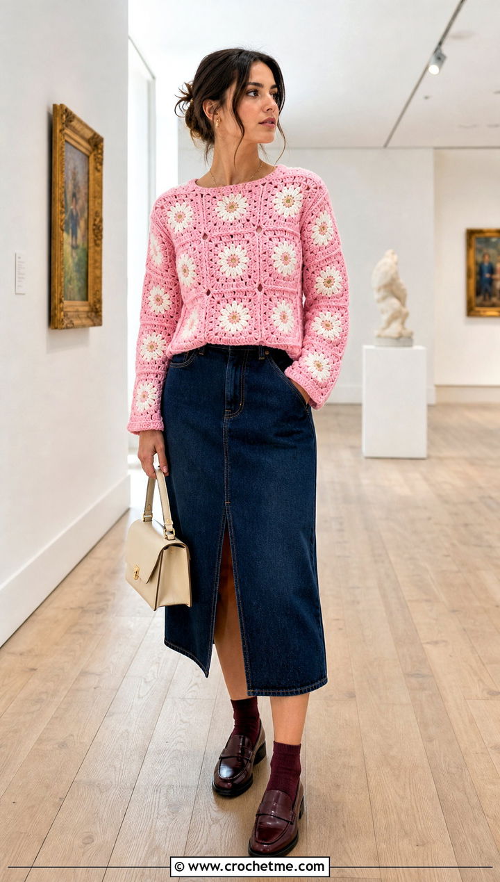 Daisy Granny Square Sweater With Denim Skirt - 30 crochet sweater with granny squares outfit ideas