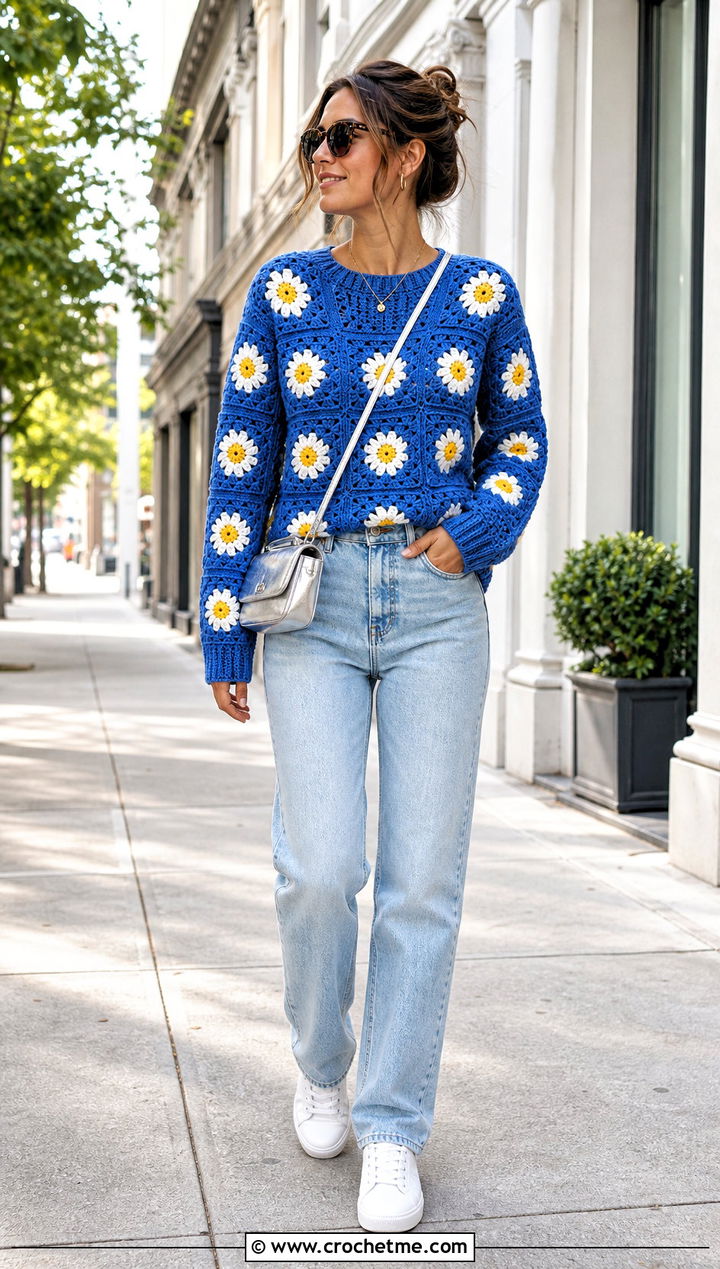 Daisy Granny Square Sweater With Straight Jeans - 30 flower crochet sweater outfit ideas