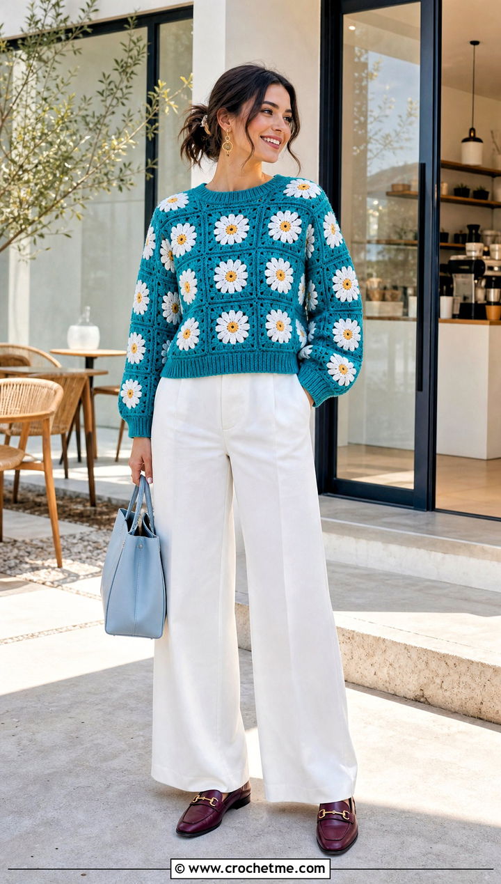Daisy Granny Square Sweater With White Wide Leg Pants - 25 Square Crochet Sweater outfit ideas