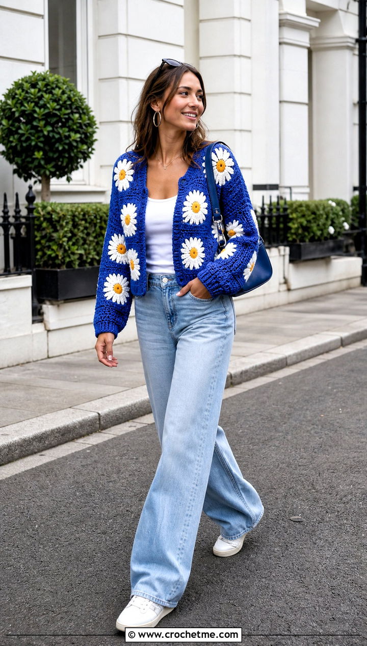 Daisy Granny Square Sweater With Wide Leg Jeans - 15 floral crochet sweater style outfit ideas