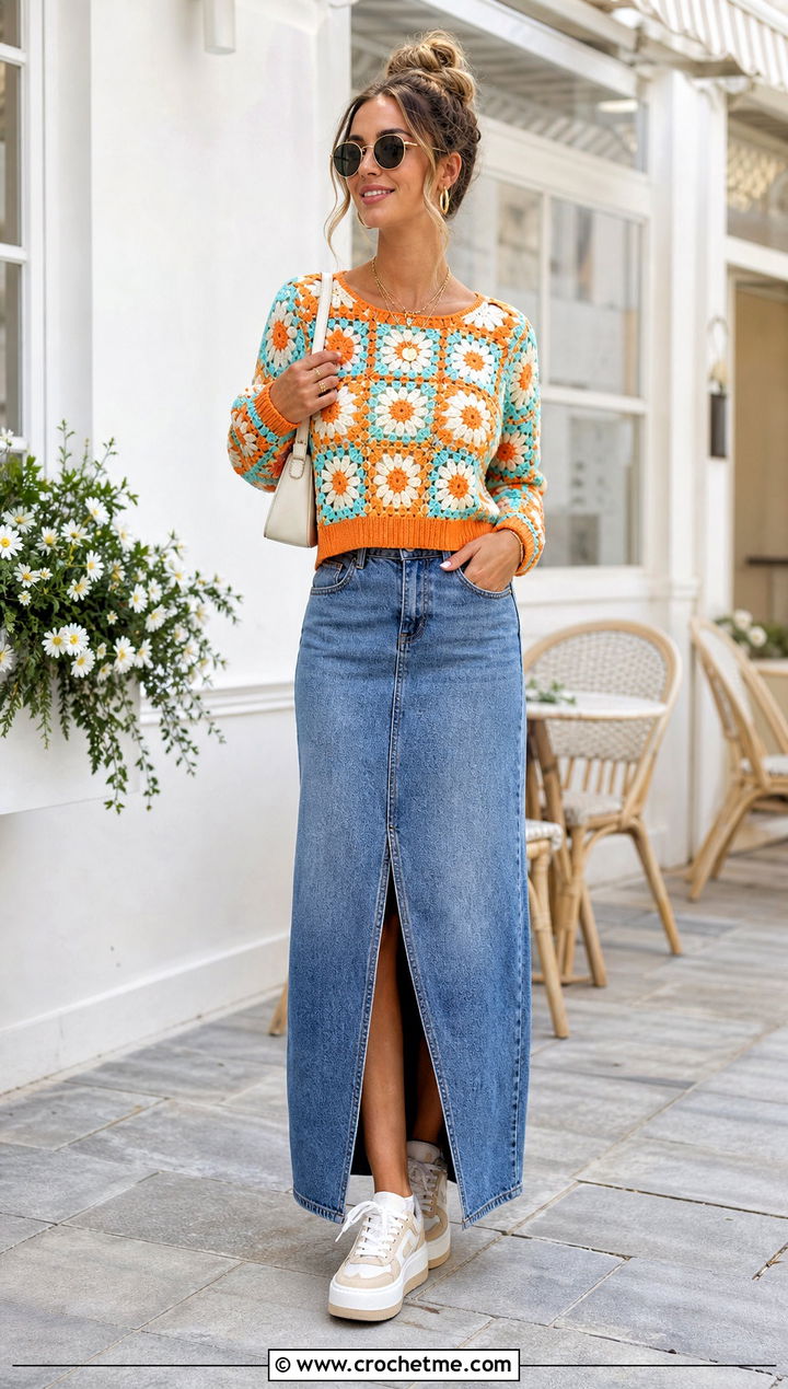 Daisy Granny Square Sweater With a Denim Maxi Skirt - 30 crochet block sweater outfit ideas