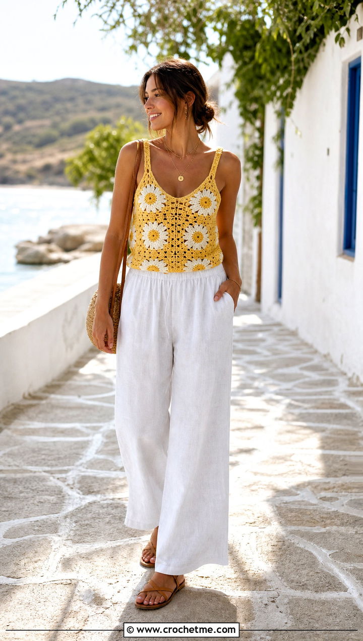 Daisy Granny Square Tank Top With Linen Pants - 25 Crochet Granny Square Tank Top outfit ideas
