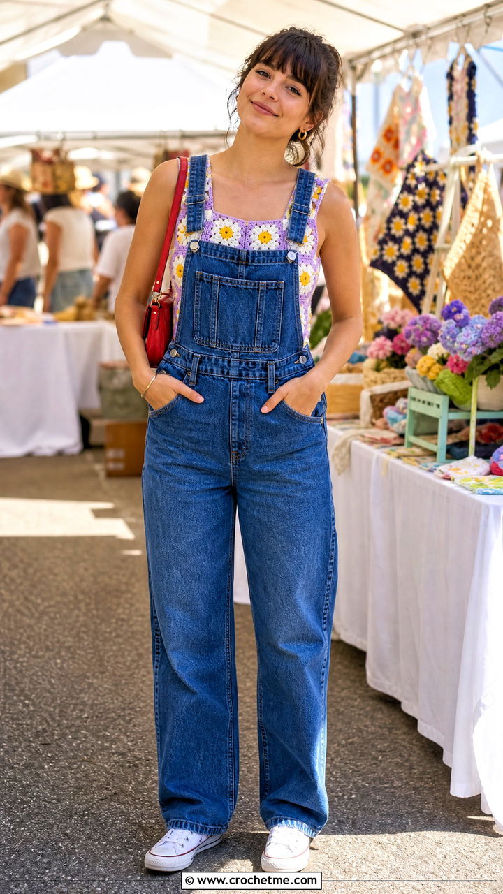 Daisy Granny Square Top With Denim Overalls - 35 crochet floral top outfit ideas