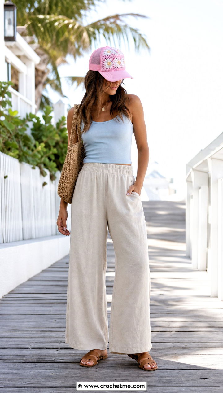 Daisy Granny Square Trucker Hat With Linen Pants - 35 granny square trucker hat outfit ideas