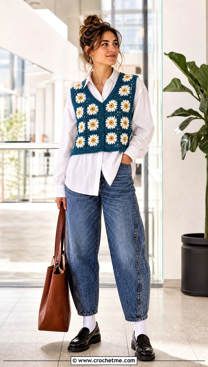 Daisy Granny Square Vest With Button Down Shirt And Barrel Jeans - 35 Granny Square Outfit ideas