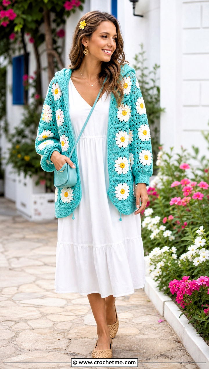 Daisy Hooded Granny Square Cardigan With White Midi Dress - 30 granny square cardigan with hood outfit ideas