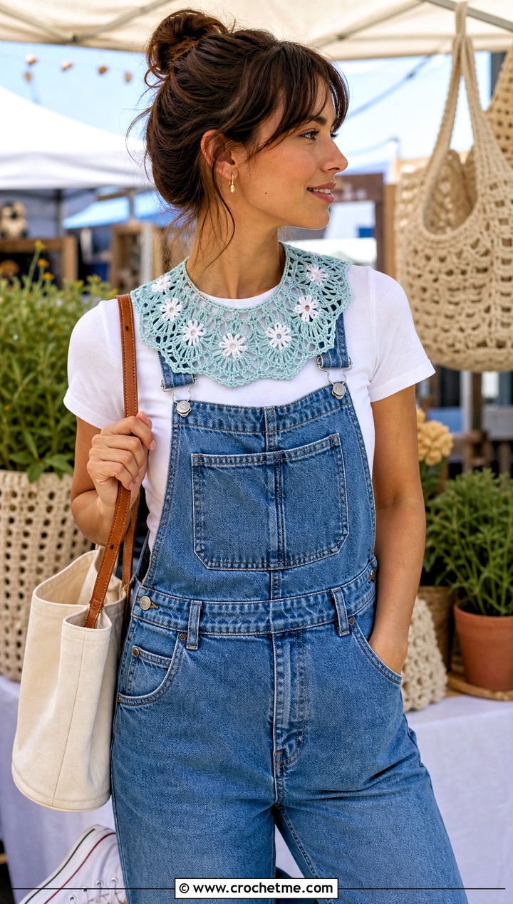 Daisy Lace Collar With Denim Overalls - 15 handmade floral crochet collar outfit ideas