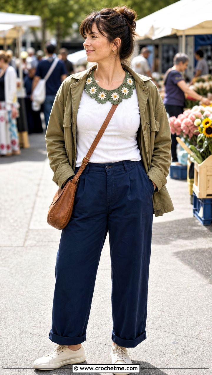 Daisy Lace Crochet Collar With Utility Jacket And Chinos - 25 Lace Crochet Collar outfit ideas