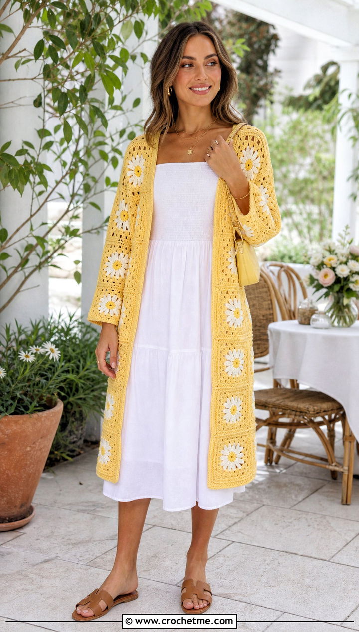 Daisy Long Granny Square Cardigan With White Midi Dress - 35 long granny square cardigan outfit ideas