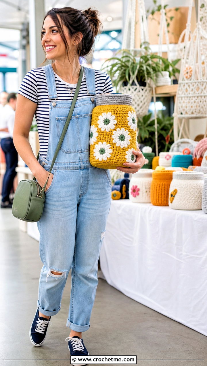 Daisy Mason Jar Sweater With Denim Overalls - 20 Crochet Mason Jar Sweater outfit ideas