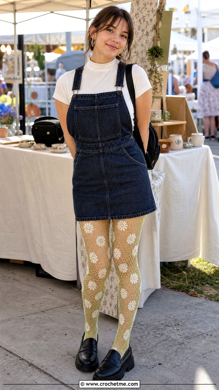 Daisy Mesh Crochet Fishnet Stockings With Overall Dress - 35 crochet fishnet stockings outfit ideas