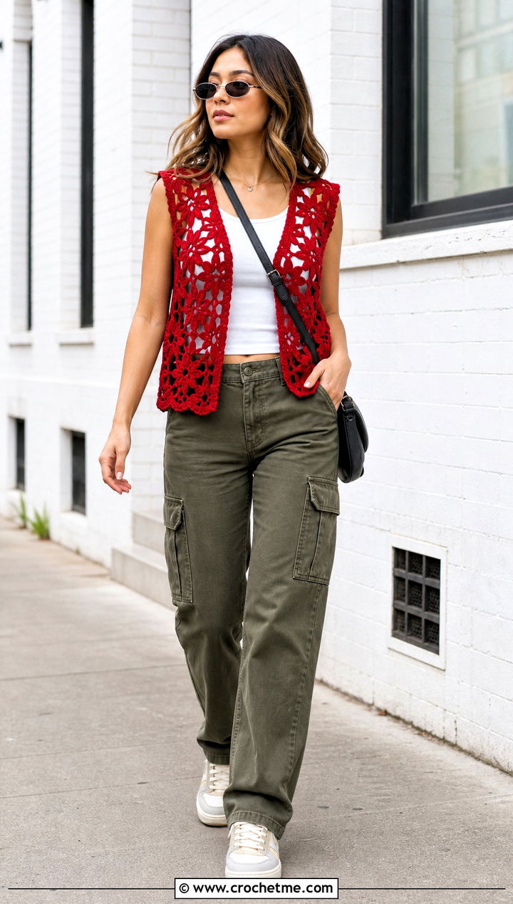 Daisy Mesh Crochet Waistcoat With Cargo Pants - 35 crochet waist coat outfit ideas