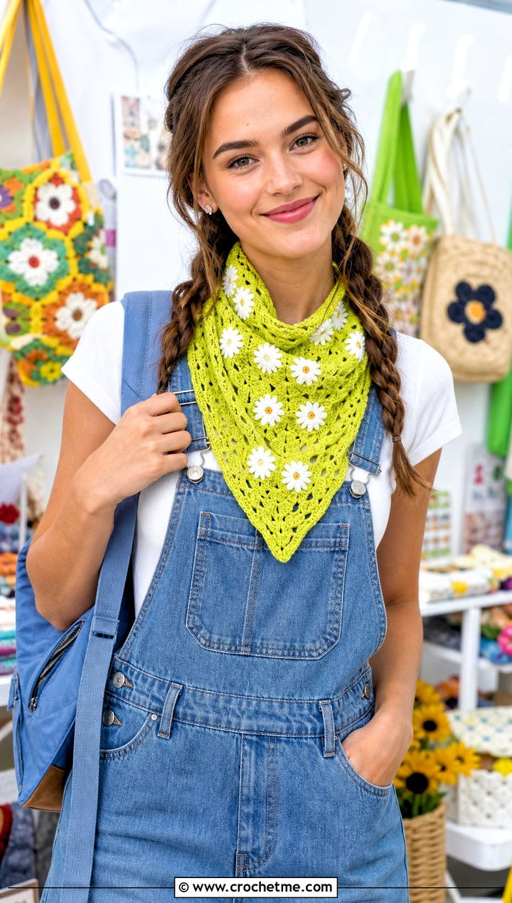 Daisy Motif Bandana Crochet Scarf With Denim Overalls - 20 Bandana Crochet Scarf outfit ideas
