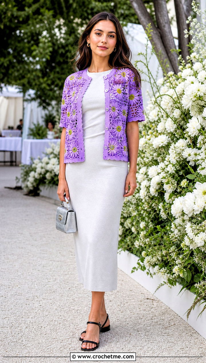 Daisy Motif Cardigan With Column Dress - 25 short sleeve summer crochet cardigan outfit ideas