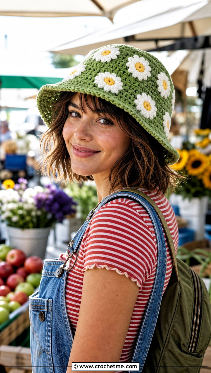Daisy Motif Chunky Crochet Bucket Hat With Overalls - 25 Chunky Crochet Bucket Hat outfit ideas