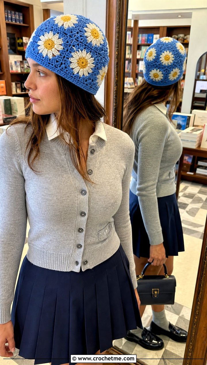 Daisy Motif Crochet Beanie With Cardigan And Pleated Skirt - 30 crochet lace beanie outfit ideas