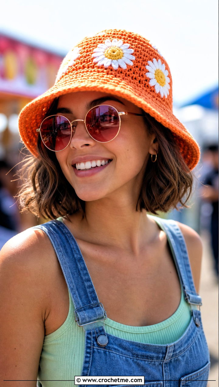 Daisy Motif Crochet Bucket Hat With Denim Overalls And Tank Top - 30 summer crochet bucket hat outfit ideas