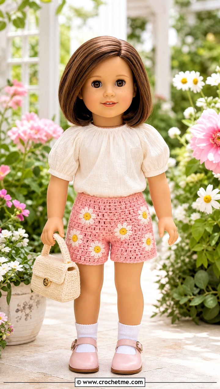 Daisy Motif Crochet Doll Shorts With Puff Sleeve Blouse - 30 crochet doll shorts outfit ideas