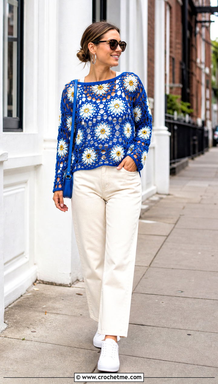 Daisy Motif Crochet Flower Long Sleeve Top With Straight Jeans - 25 Crochet Flower Top Long Sleeve outfit ideas