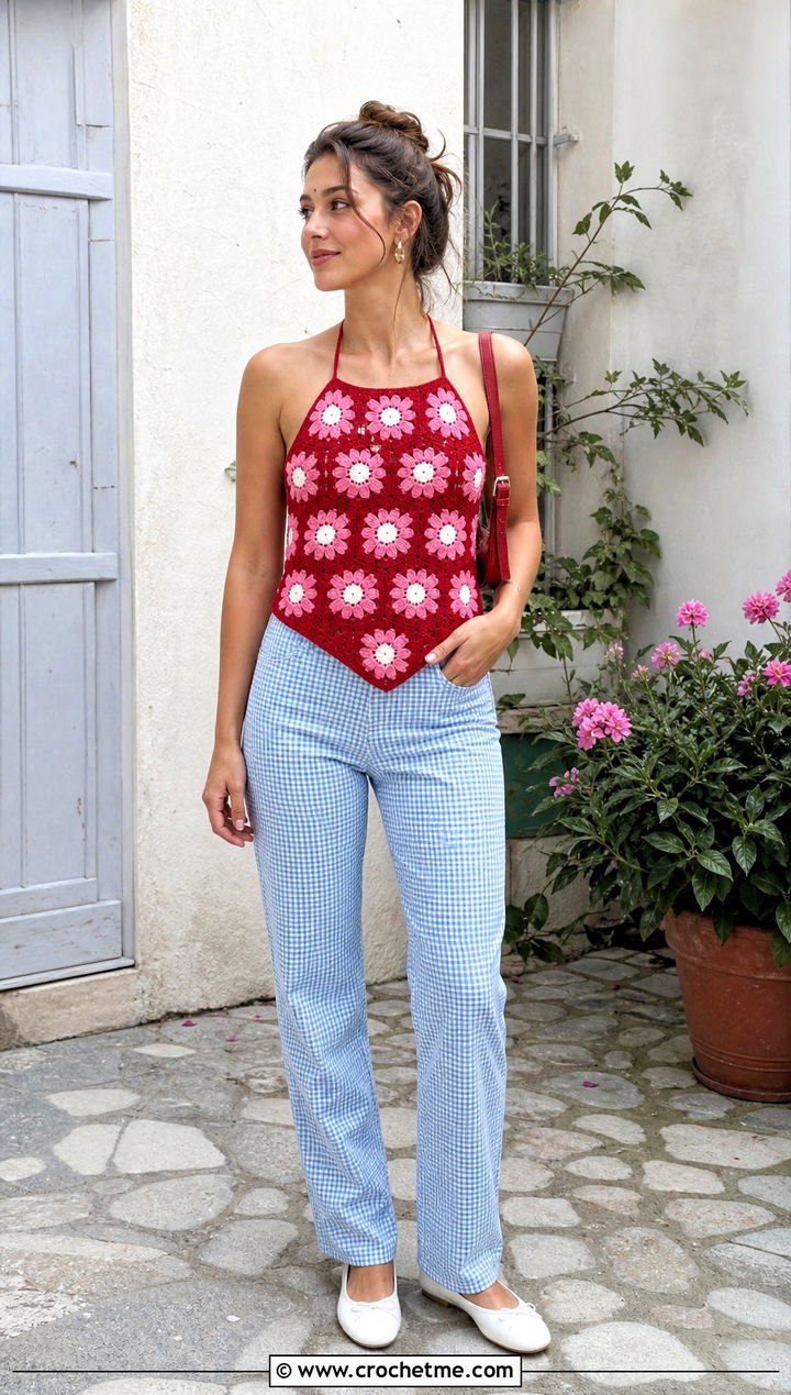 Daisy Motif Crochet Halter Top With Gingham Pants - 35 crochet halter tops outfit ideas