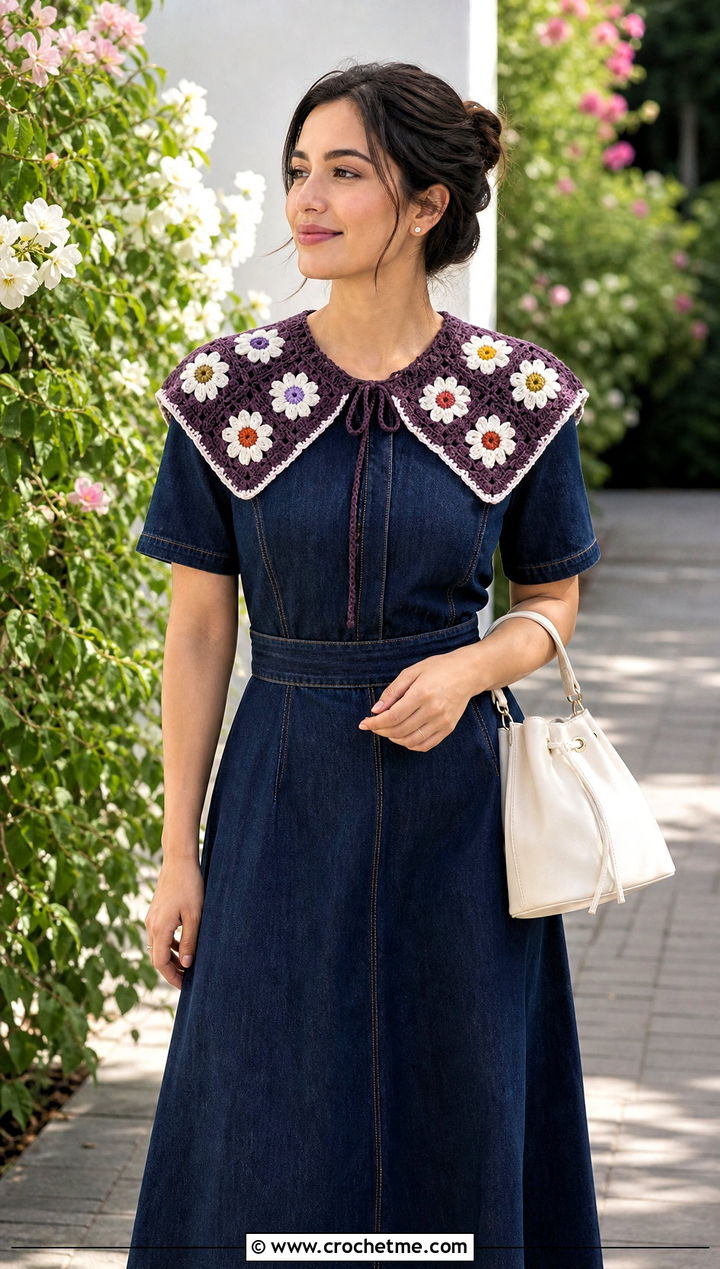 Daisy Motif Crochet Sailor Collar With Denim Midi Dress - 30 crochet sailor collar outfit ideas