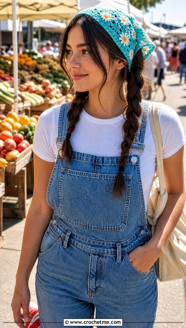 Daisy Motif Crochet Triangle Hair Scarf With Overalls And Sneakers - 25 crochet triangle hair scarf outfit ideas