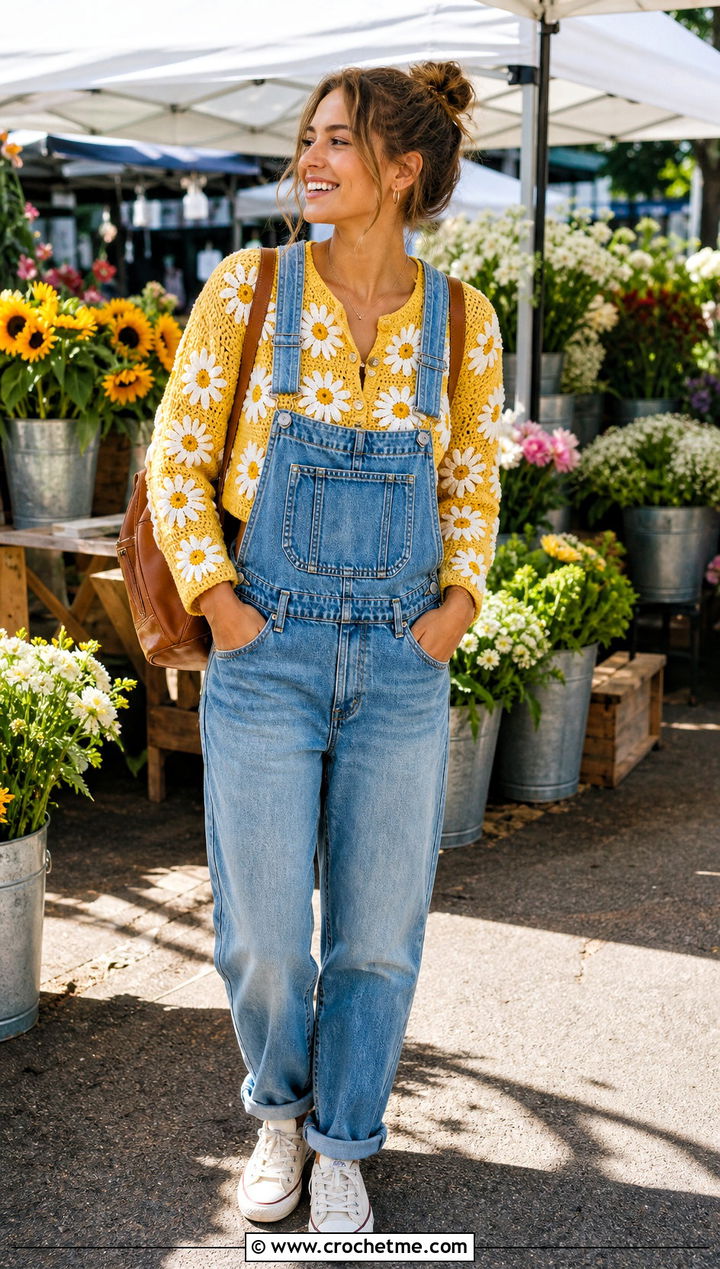 Daisy Motif Cropped Cardigan With Denim Overalls - 25 crocheted cropped cardigan outfit ideas