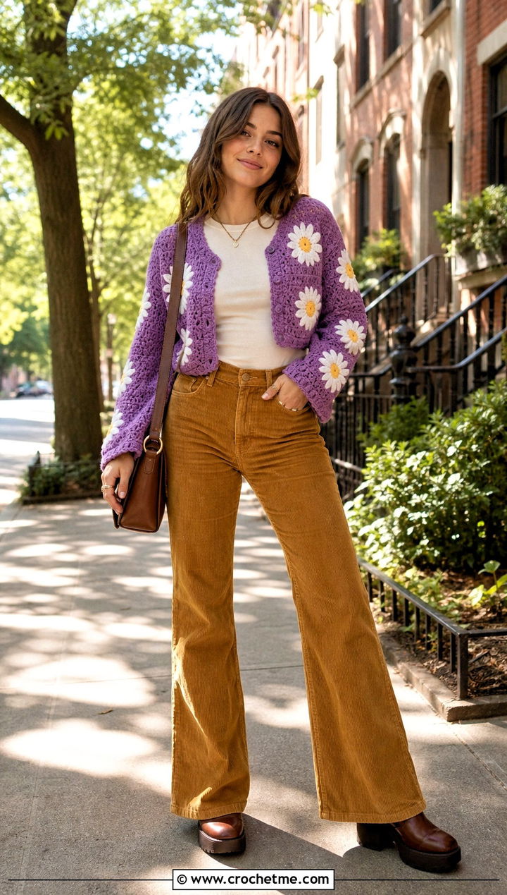 Daisy Motif Cropped Crochet Cardigan With Corduroy Pants - 35 cropped crochet cardigan outfit ideas