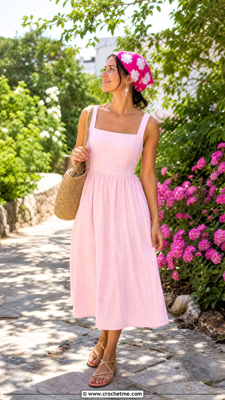 Daisy Motif Head Scarf With Sundress And Sandals - 35 crochet head scarf outfit ideas