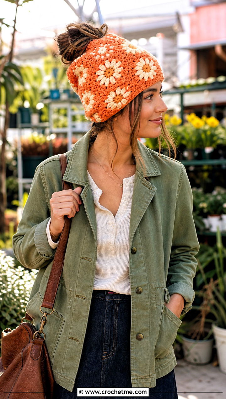 Daisy Motif Messy Bun Crochet Hat With Field Jacket - 25 Easy Messy Bun Crochet Hat outfit ideas