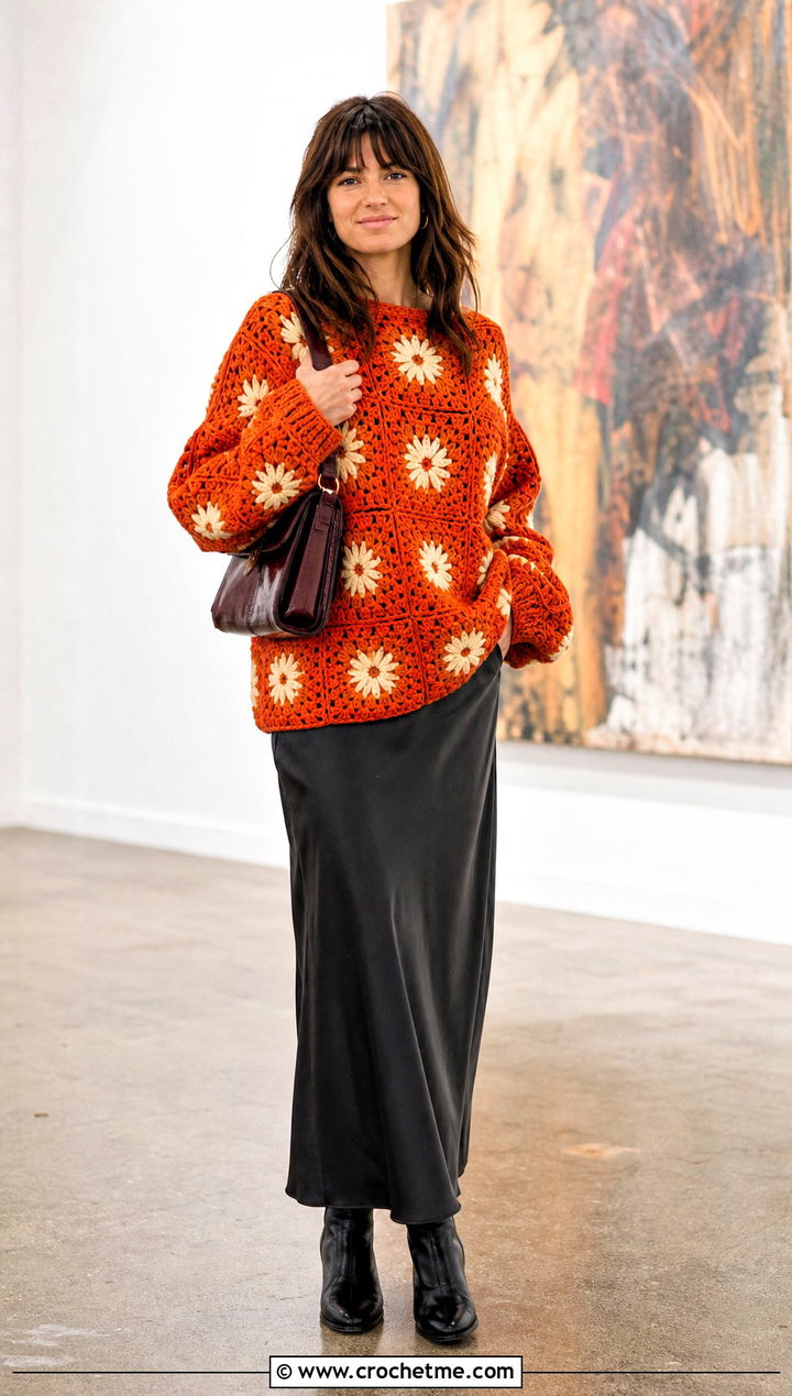 Daisy Motif Oversized Granny Square Sweater With Satin Slip Skirt - 15 Crochet Oversized Granny Square Sweater outfit ideas