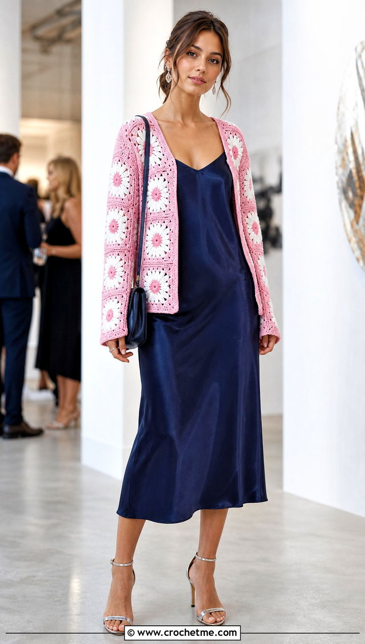 Daisy Motif Patchwork Cardigan With a Satin Slip Dress - 30 crochet patch work cardigan outfit ideas