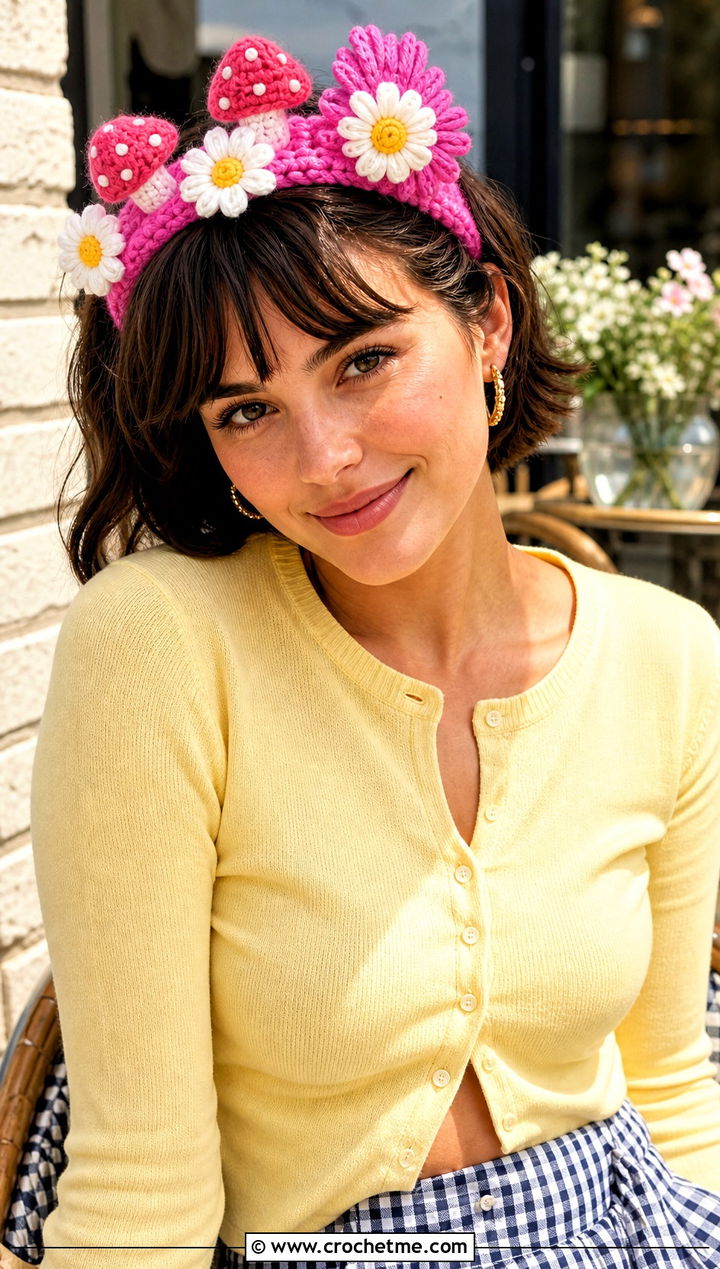 Daisy Mushroom Crochet Headband With Gingham Pants - 25 Crochet Mushroom Headband outfit ideas