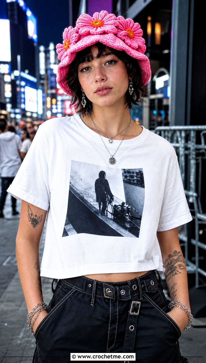 Daisy Petal Crochet Bucket Hat With Graphic T Shirt - 25 daisy crochet bucket hat outfit ideas