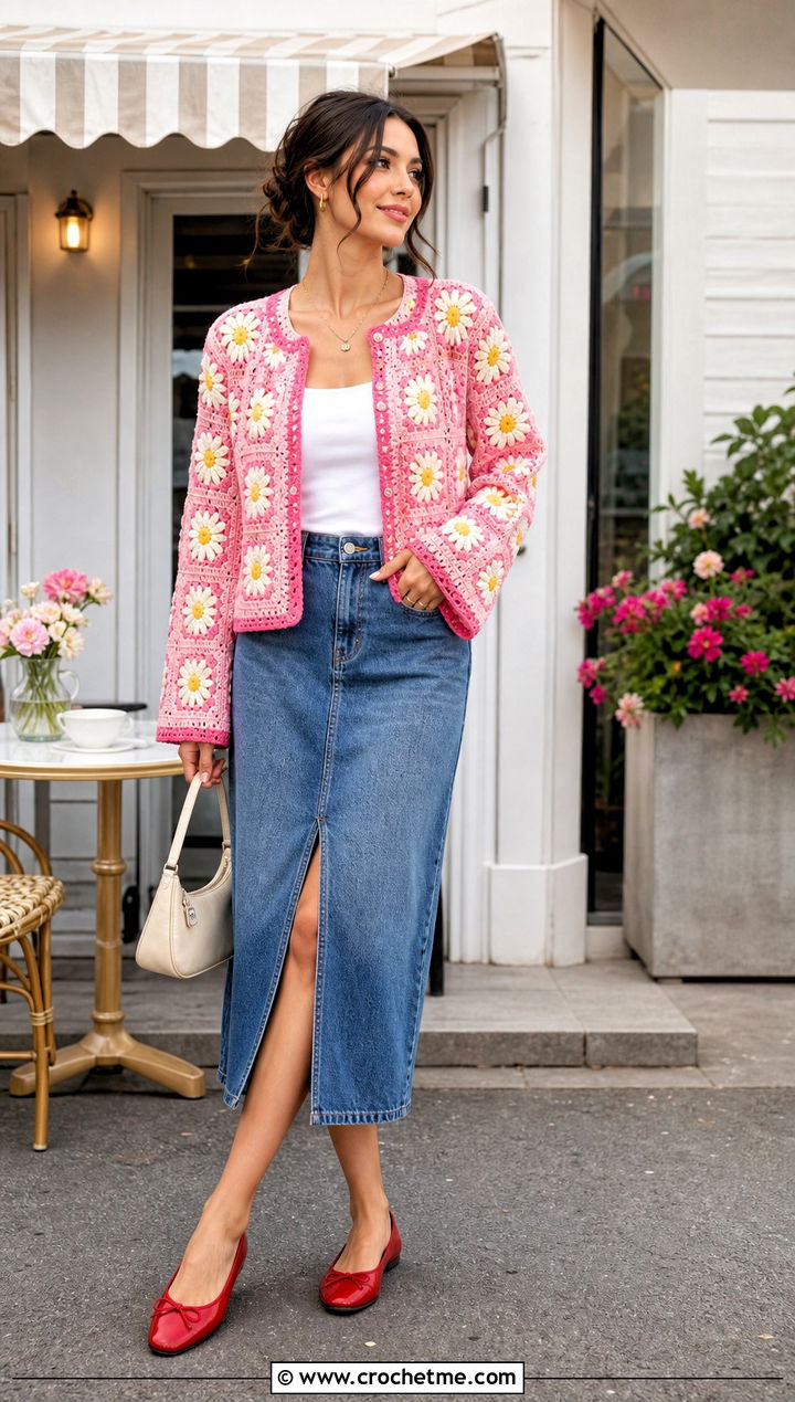 Daisy Pink Granny Square Cardigan With a Denim Midi Skirt - 35 pink granny square cardigan outfit ideas