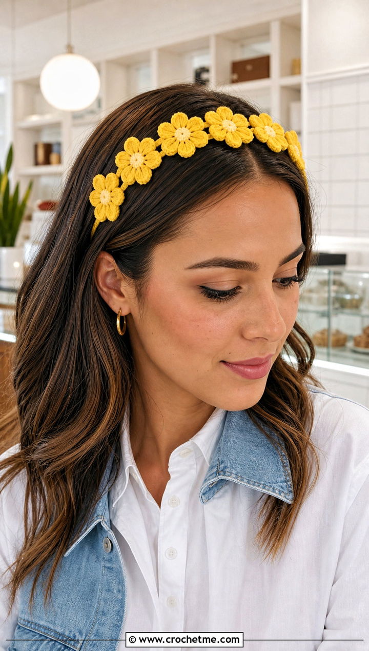 Daisy Puff Flower Headband With Jeans And White Shirt - 25 crochet puff flower headband outfit ideas