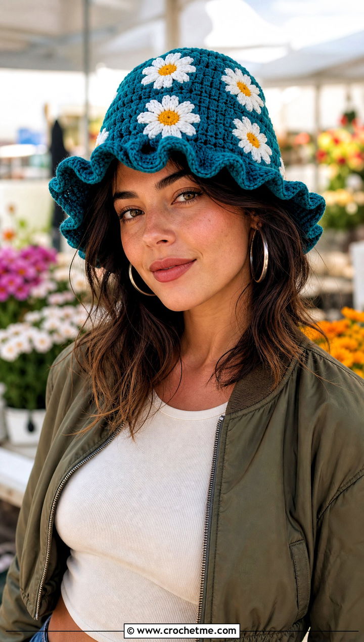 Daisy Ruffle Crochet Bucket Hat With Cargo Pants - 25 ruffled crochet bucket hat outfit ideas