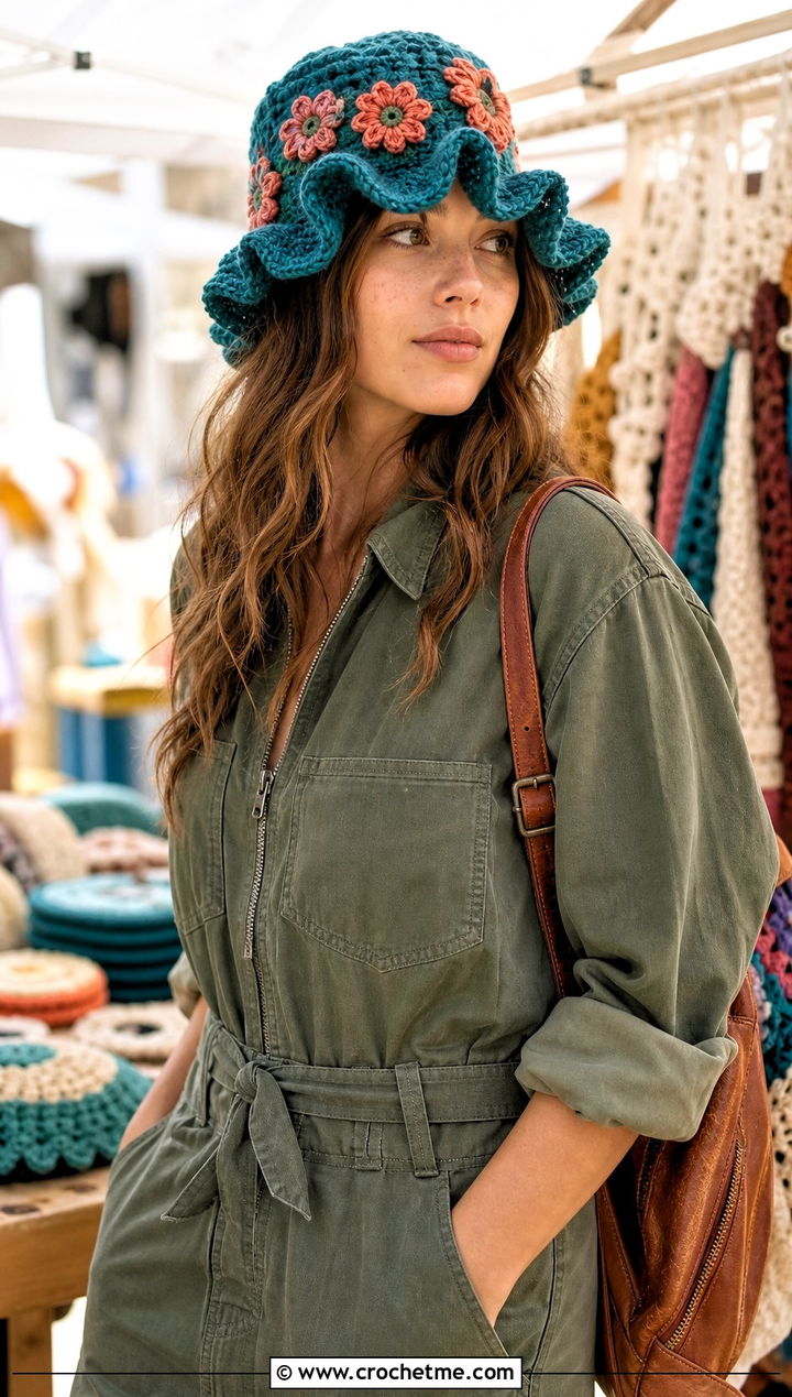 Daisy Ruffle Crochet Bucket Hat With Utility Jumpsuit - 25 Frilly Crochet Bucket Hat outfit ideas