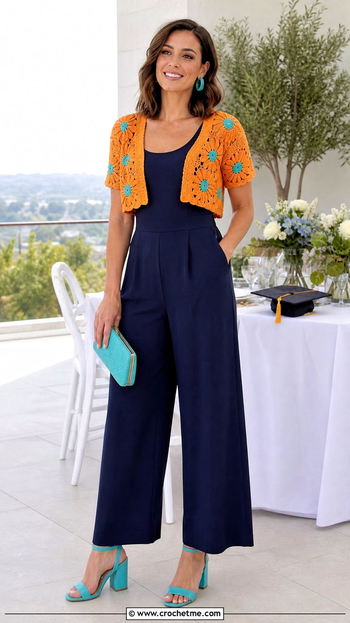 Daisy Shrug Cardigan With Sleeveless Jumpsuit - 35 Crochet Daisy Cardigan outfit ideas
