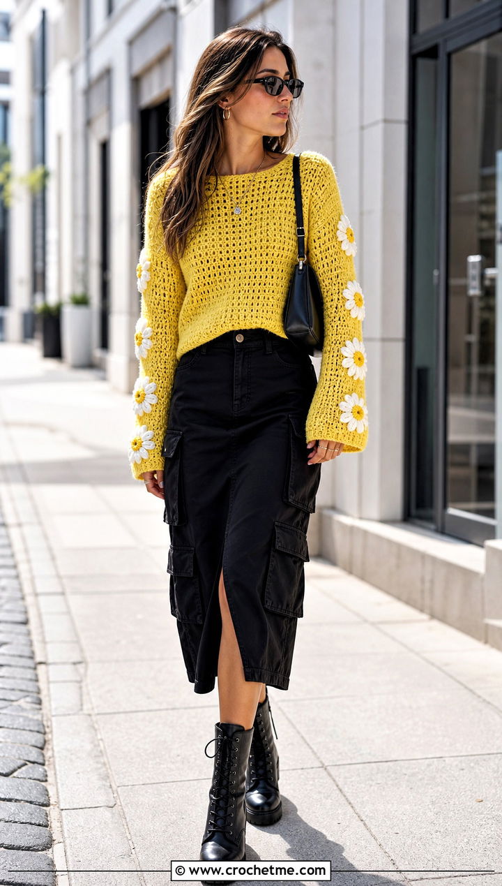 Daisy Sleeve Crochet Sweater With Cargo Midi Skirt - 35 crochet sweater with flowers outfit ideas