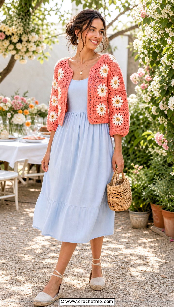 Daisy Small Granny Square Cardigan With Cotton Sundress - 25 Small Granny Square Cardigan outfit ideas